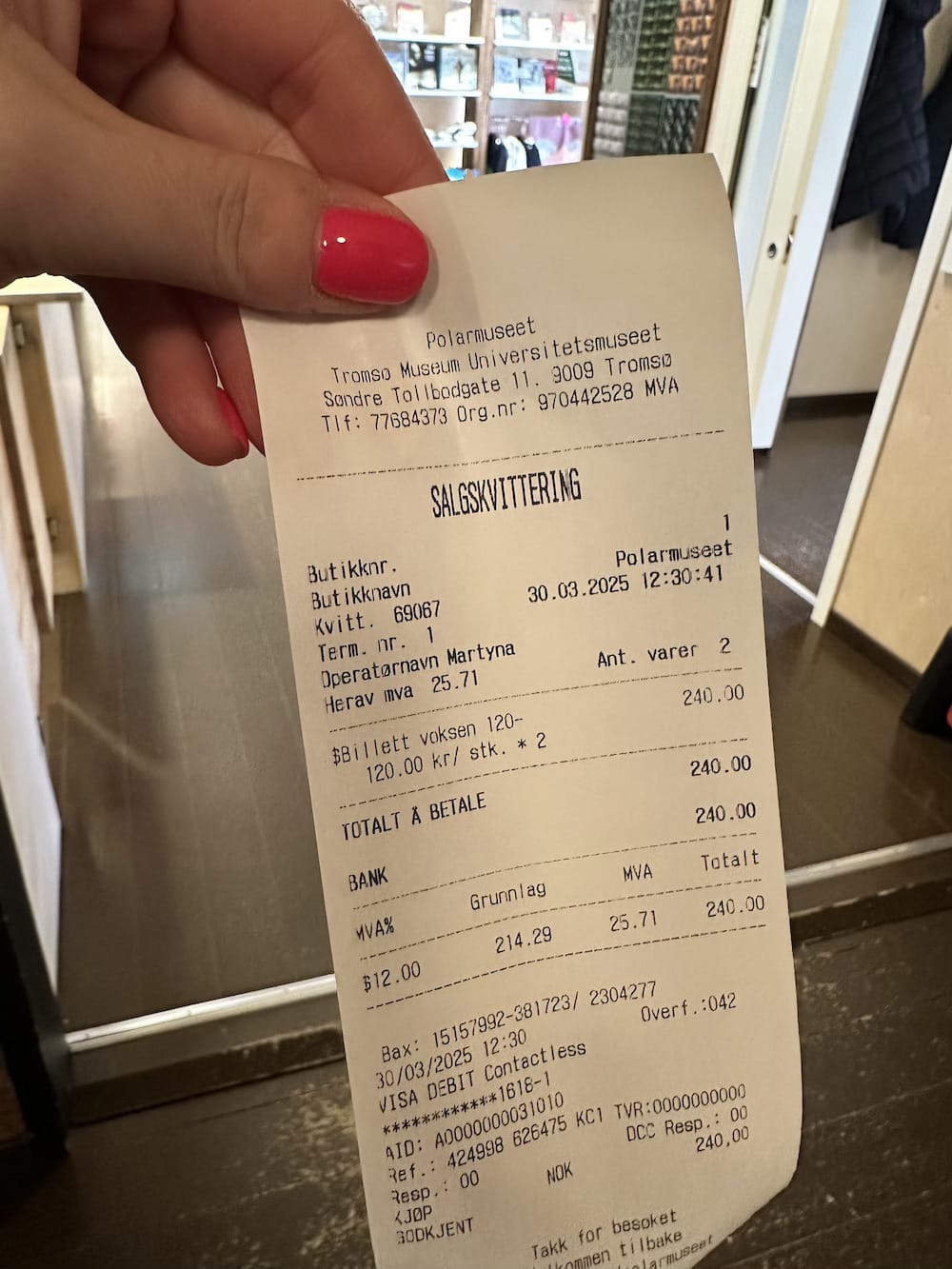 Polar Museum ticket prices receipt indicating price for 2025