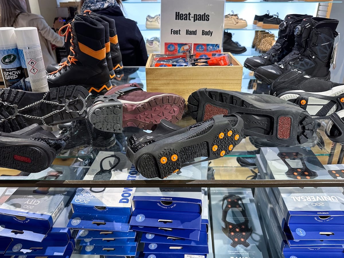 ice spikes on shoes in a shop in tromsø, norway