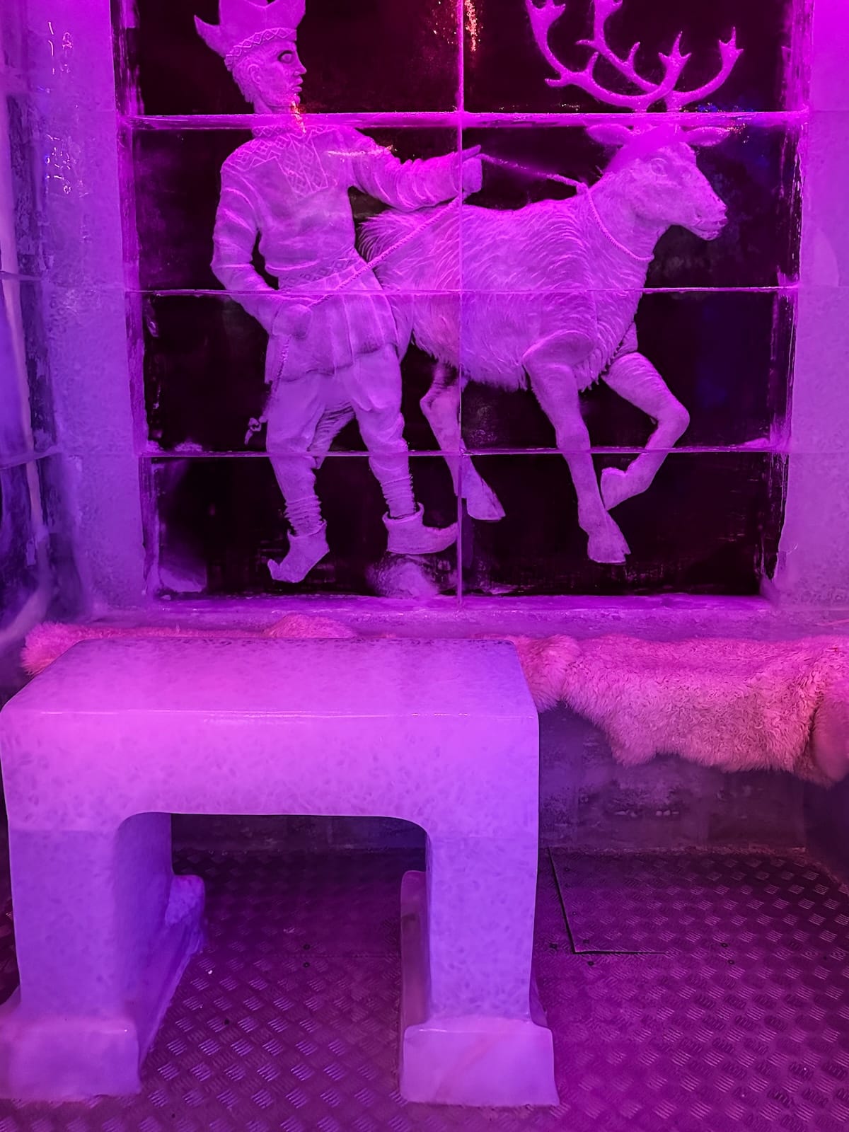 a picture of a sami person and his reindeer in an ice bar