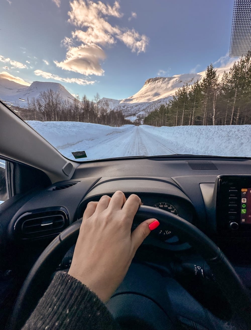 a woman's hand on a steering wheel in the arctic