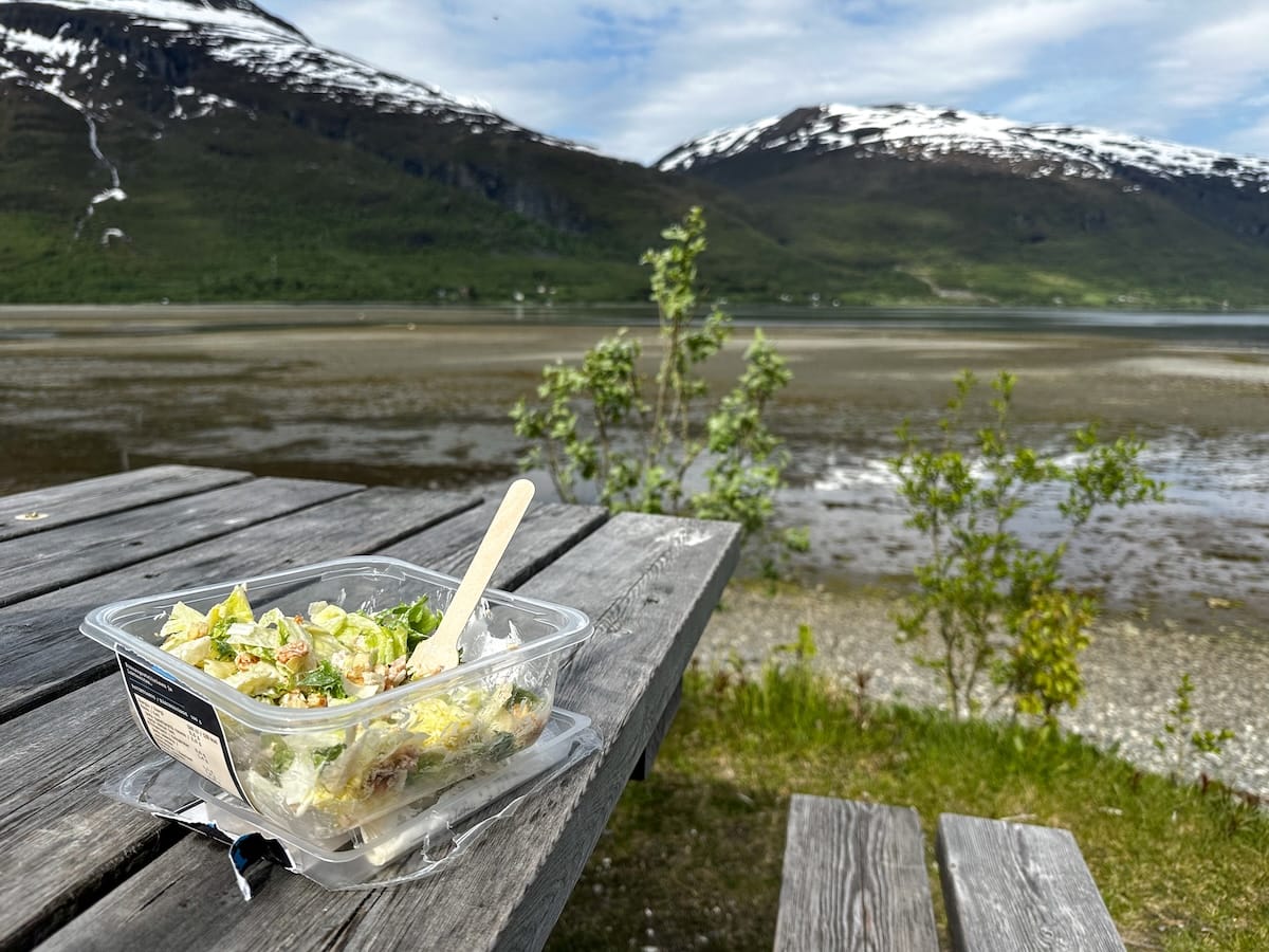 a salad on a picnic table in northern norway